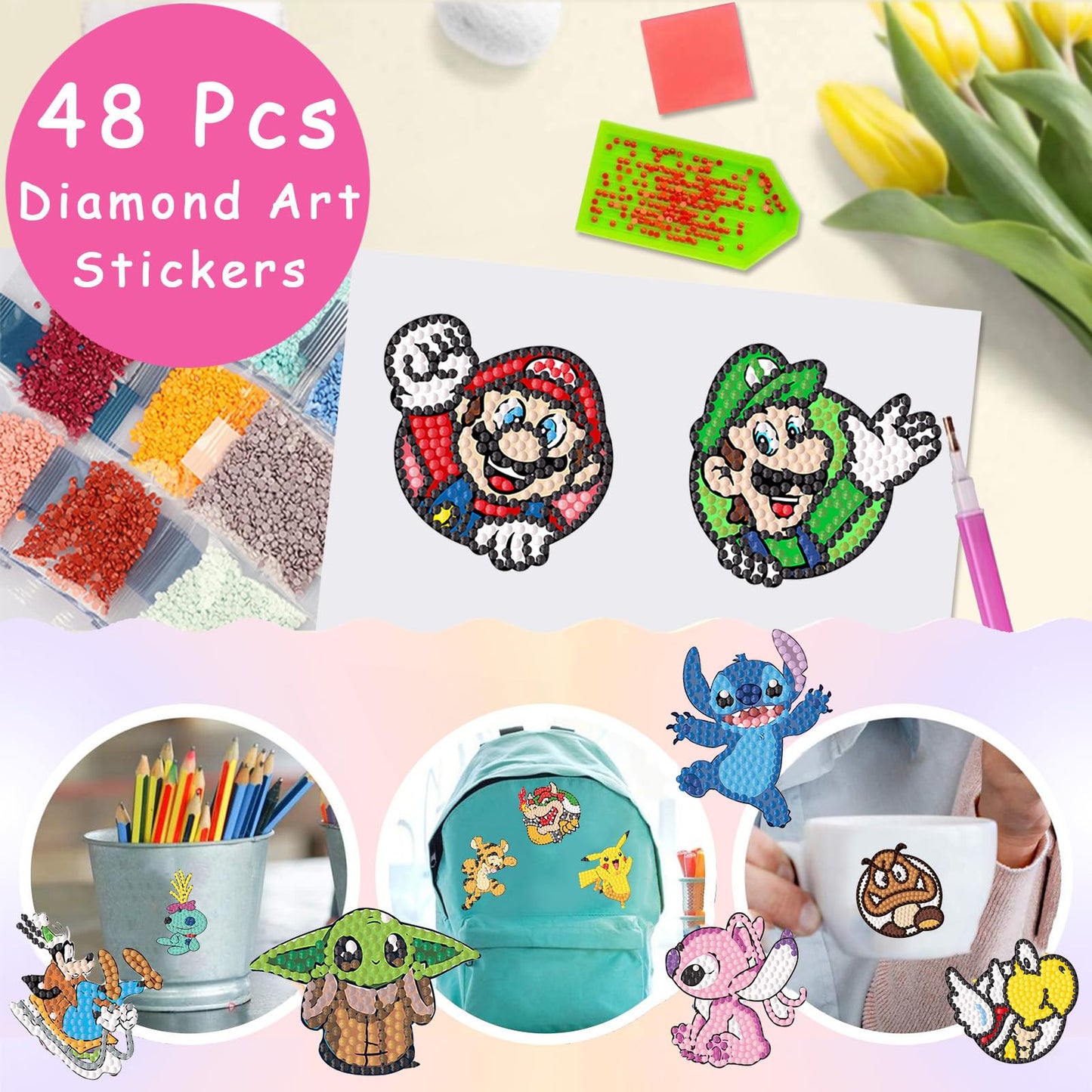 KOJEFCV 48 Pcs Cartoon Diamond Art Painting Sticker Kits for Kids-Cartoon Diamond Gem Stickers Kit,5D Gem Art Stickers Mosaic for Kids Gift for Boys Girls 4-8-10-12 Years Old