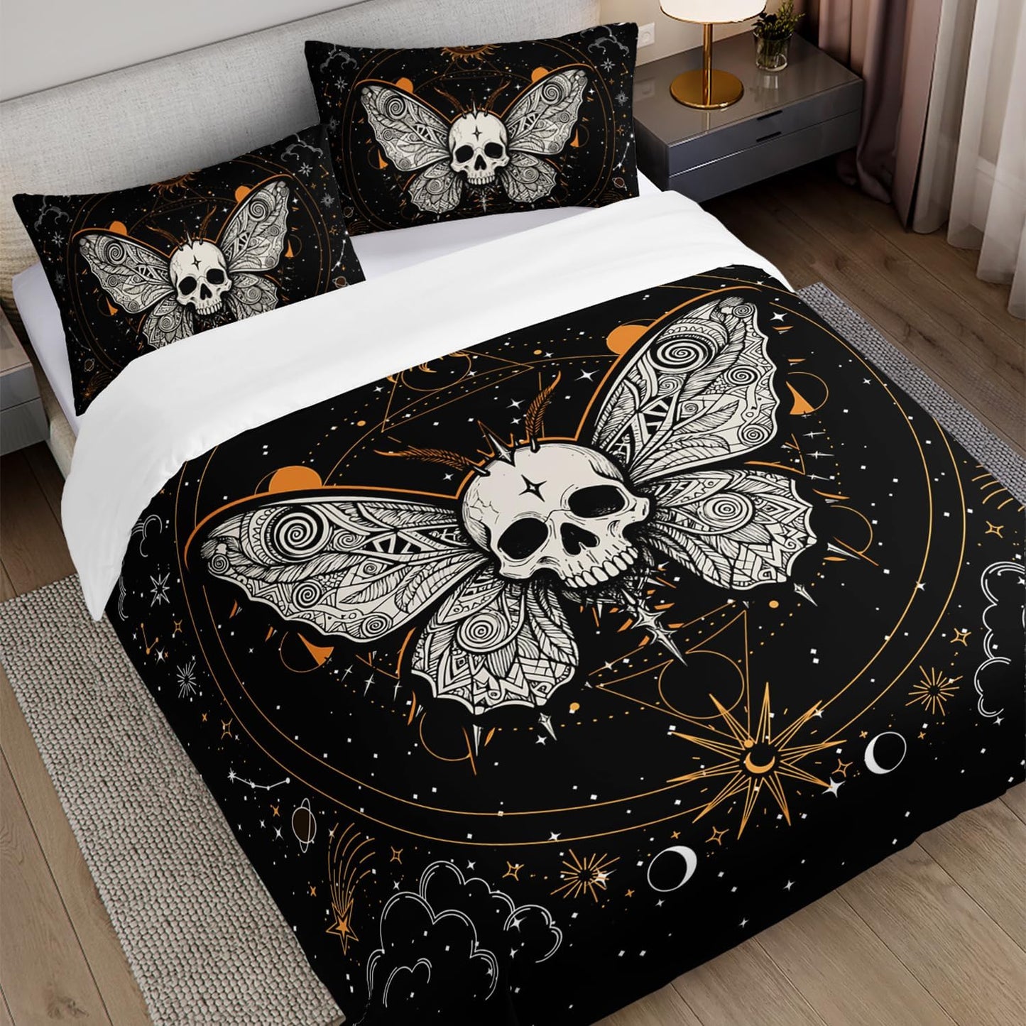 Set HOSIMA Butterfly Bedding for Girls Gothic Skull Boho Comforter Cover Decor for Bedroom, Sun and Moon Pattern Duvet