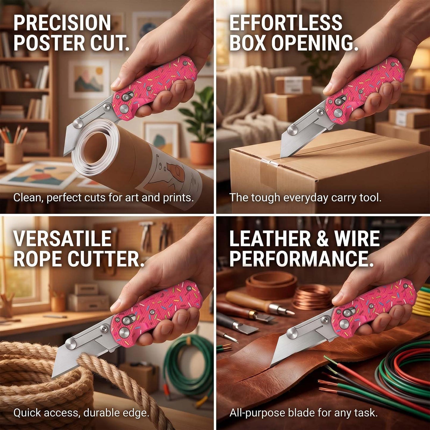 Folding Utility Knife for Women Men,Quick Change Box Cutter with 10Pcs SK5 Replaceable Blades,EDC Razor Knife for Cartons,Cardboard,Boxes,Christmas Stocking Stuffers Gifts for Men Husband Women(pink)
