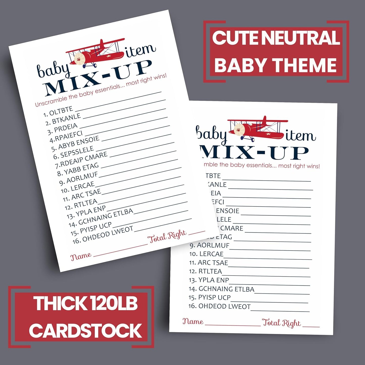 Airplane Baby Shower Games for Boys, Word Scramble Activity, 25 Cards, Adventure Theme in Red and Blue