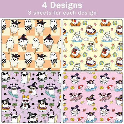 Summer Ghost Wrapping Paper for Kids, 12 Sheets Cute Beach Halloween Wrapping Paper, Kawaii Pastel Spooky Surf Ice Cream & Tropical Designs for Birthday Summer Holiday Party Decor, 19.7 x 27.6 Inch