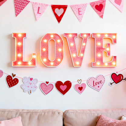 Valentine’s Day Decorations – Galentines LED LOVE Marquee Light Letters, Pink Glitter Battery Operated Tabletop Sign for Home, Party, Shelf and Mantel Décor