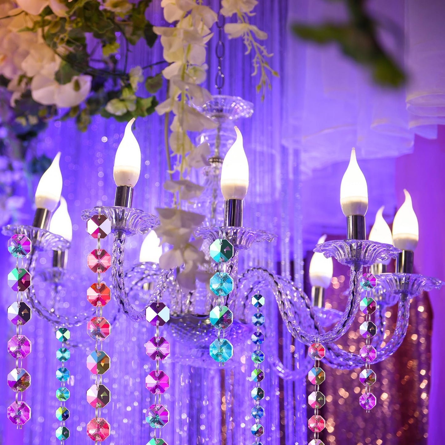 Blushtier Crystal Garlands Acrylic Octagon Bead Strands 14mm Iridescent Clear Diamond Hanging Chandelier Chain Ornament String for Wedding Manzanita Centerpiece Holiday Party(33 ft)