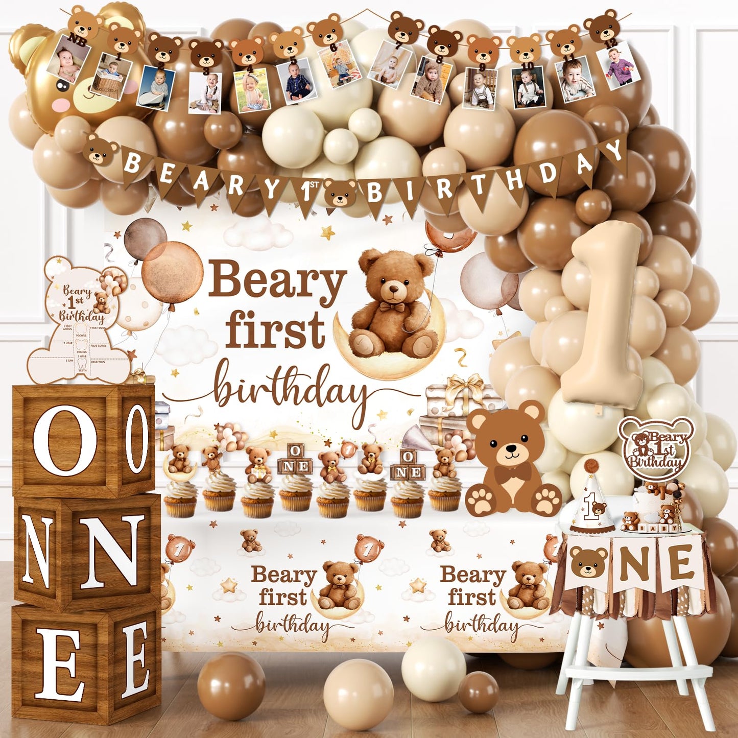 Beary First Birthday Decorations,147pcs Bear Birthday Decorations Brown Bear Birth Day Banner Backdrop High Chair Banner Tablecloth Cake Topper Box Balloon Garland for My 1st birthday Decorations
