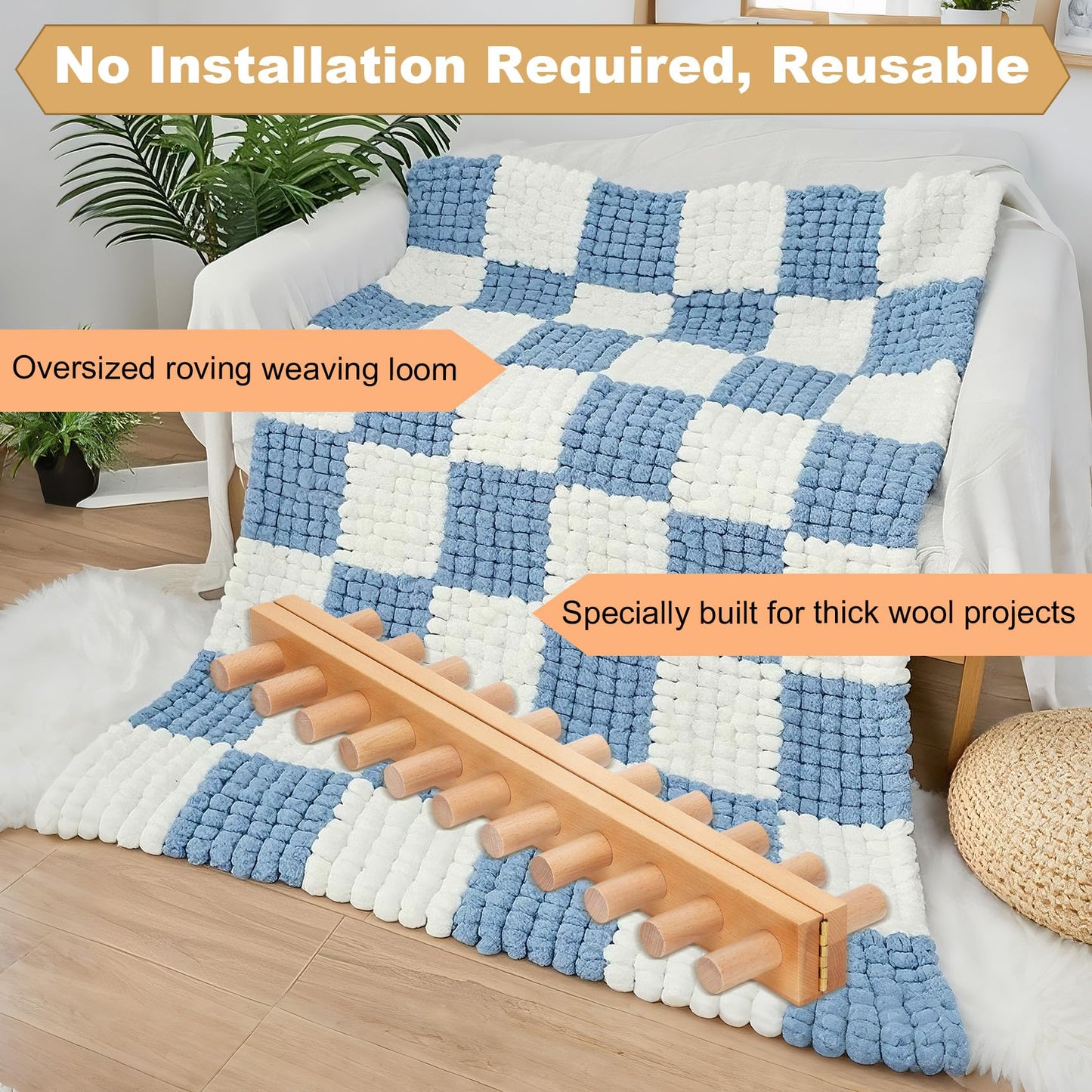 Sienson 60" Chunky Knitting Loom for Blanket Making – Foldable Wood Frame, Portable DIY Hand Knitting Kit for Beginners, Reusable Blanket Loom for Bulky Yarn Crafts & Gifts