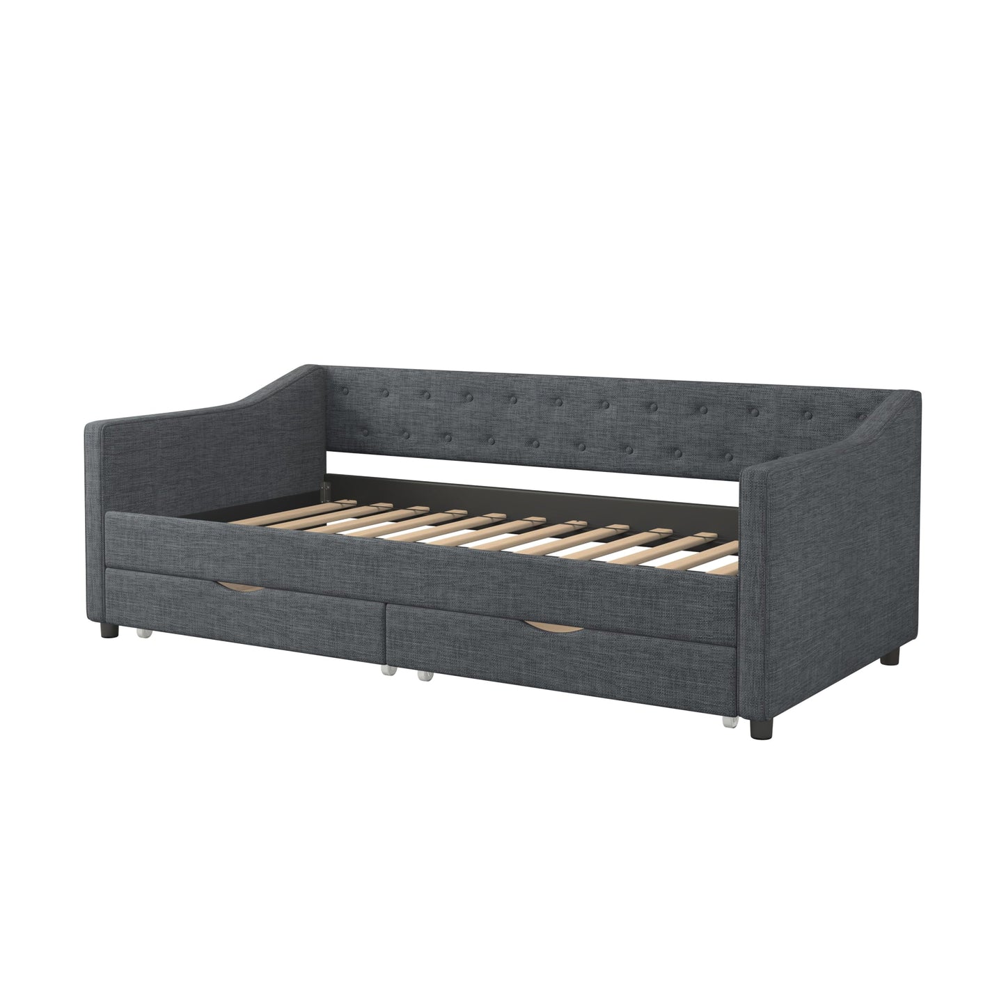 Ball & Cast Twin Size Daybed with Storage Drawers,Linen Upholstered Day Bed Frame with Button Tufted Back and Waved Shape Arms for Bedroom,Guest Room,No Box Spring Needed,Dark Grey