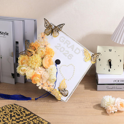 Ywdbzjhs 51 PCS DIY Graduation Grad Cap Decoration Kit - 12 Cream Construction Paper with Artificial Flower Heads 3D Butterfly Pearl Adhesive Dots Rhinestone Stickers for DIY Grad Hat Topper(White)
