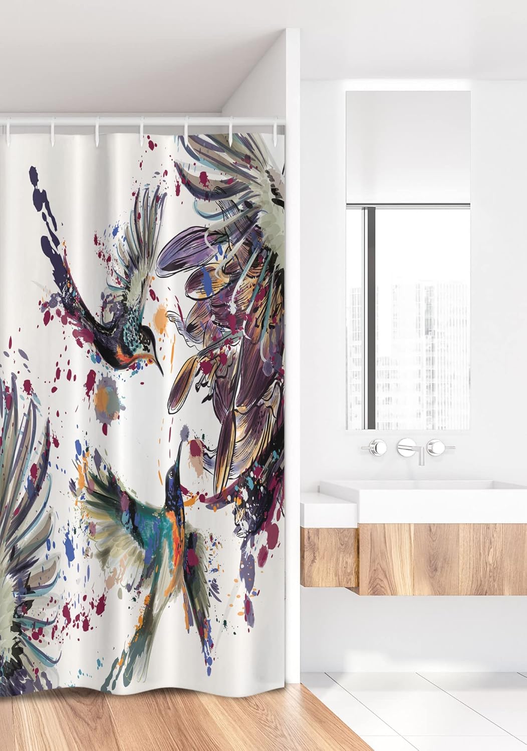 Ambesonne Hummingbird Stall Shower Curtain, Fabric Bathroom Decor Set with Hooks, 36" W x 72" L, Orange Blue, Art Lily