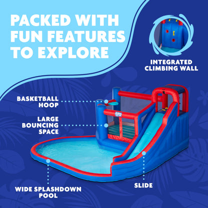 Sunny & Fun Big Time Bounce-A-Round Inflatable Water Slide Park – Heavy-Duty for Outdoor Fun - Climbing Wall, Slide, Bounce House & Splash Pool – Easy Set Up with Included Air Pump & Carrying Case