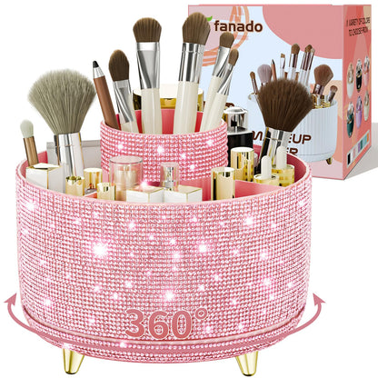 fanado Bling Diamond Makeup Brush Holder, 360° Rotating Makeup Organizer, 5 Slot Make up Brushes Cup for Countertop, Storage for Cosmetics Pen Eyeliner Skincare on the Vanity (Diamond Pink)