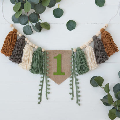 1st Wild One High Chair Banner Boy First Birthday Decorations,Jungle Green Highchair Banner,Woodland One Year Old Party