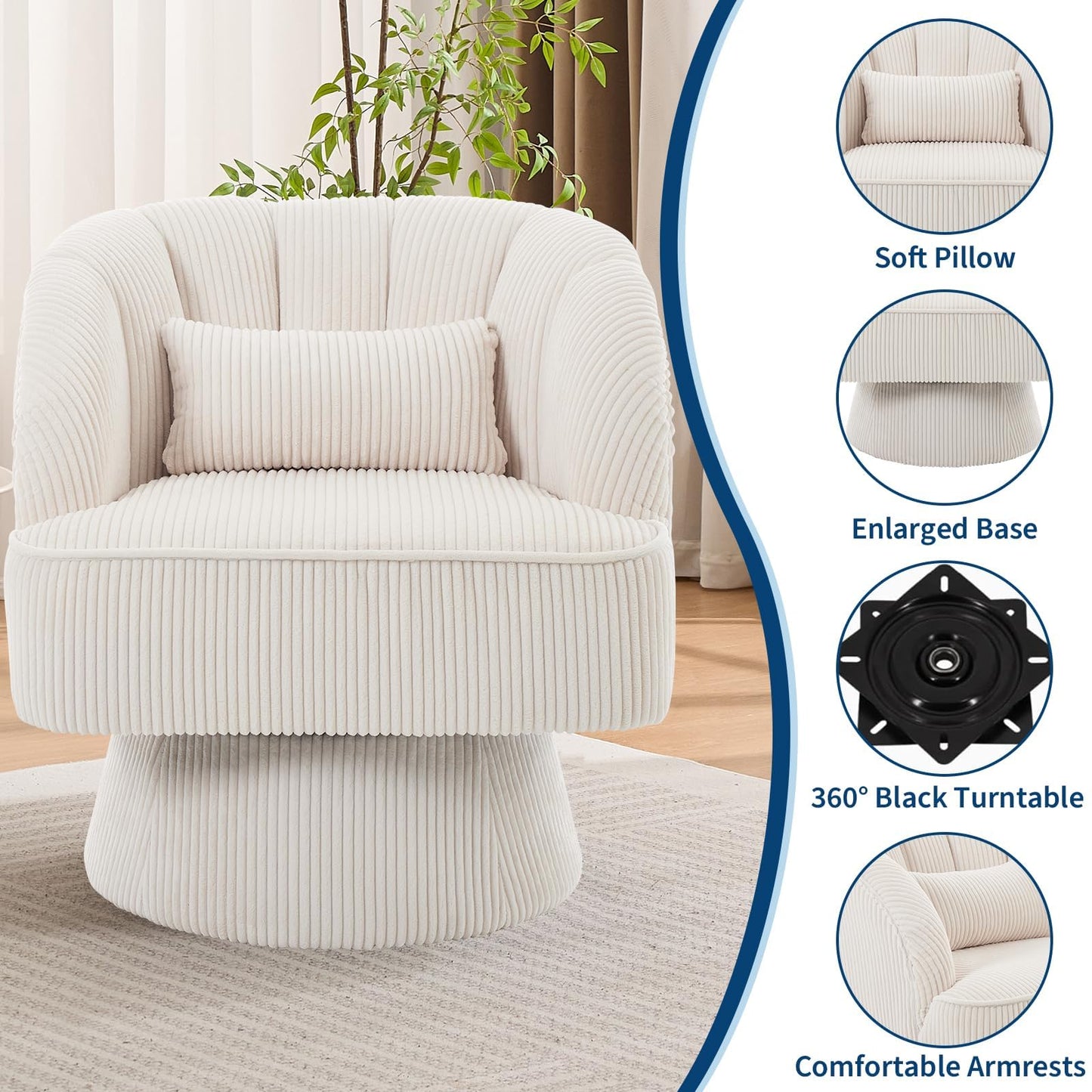 GAOMON Modern Swivel Barrel Accent Chair, 360° Corduroy Upholstered Armchair with Striped Backrest & Plush Padding, Comfy Round Lounge Chair for Living Room, Bedroom, Reading Nook - Beige
