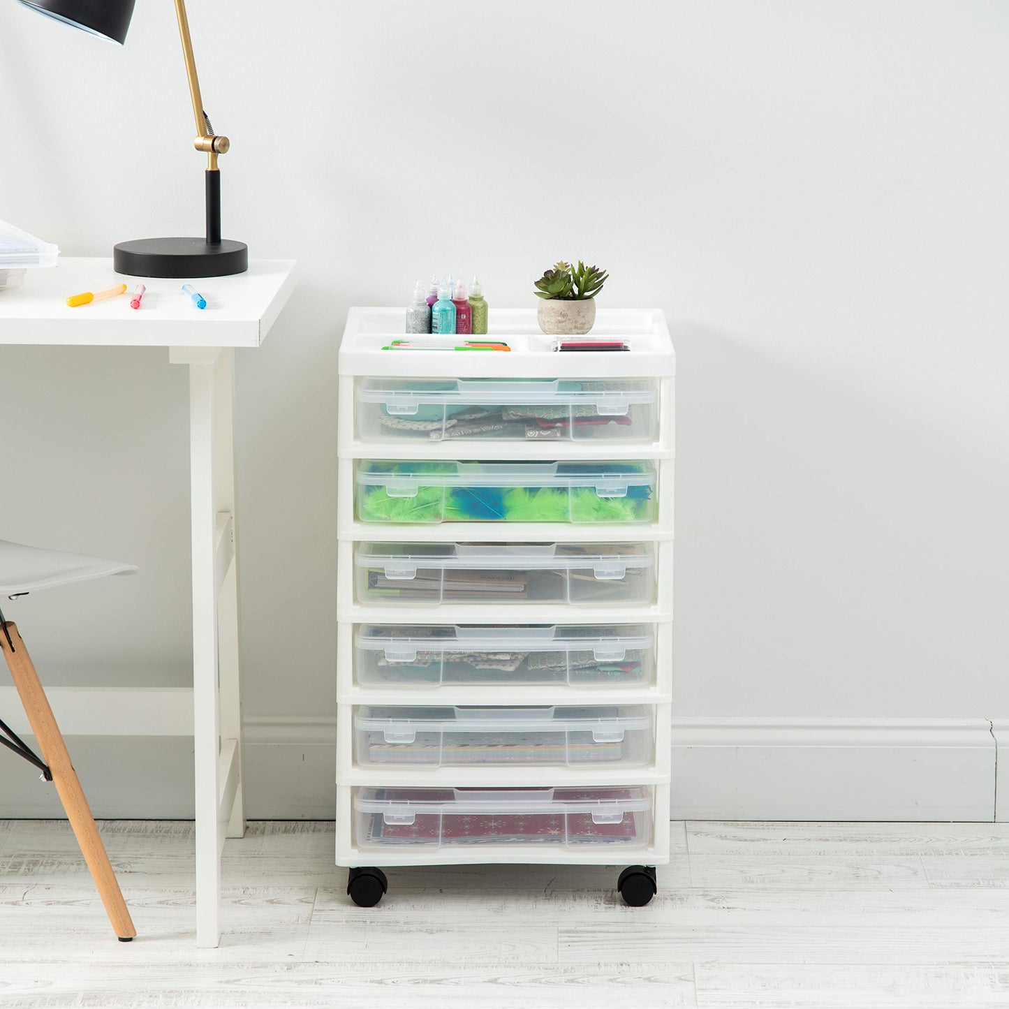 IRIS USA Fits 12" x 12" Paper, 6-Tier Scrapbook Rolling Storage Cart with Organizer for Stationery Vinyl Tools Office Art and Craft Supplies, Yarn, 6 Clear Cases w/Built in Handle - White/Clear