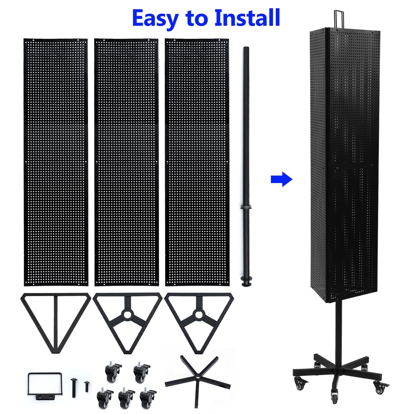 NectaCol Triangular Metal Pegboard Panels Display with Base and Pole, Black Pegboard Display Stand with Wheels, Jewelry Display Rack, Art Display Stand, Extra 20 pieces Hooks