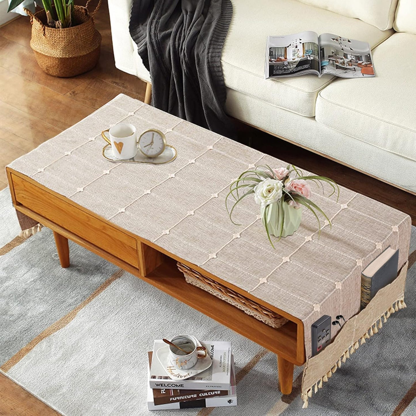 Ajerg 23x62inch Coffee Table Cloth, Boho Coffee Table for Living Room Tablecloth Cover with Pockets & Tassel, Rectangle