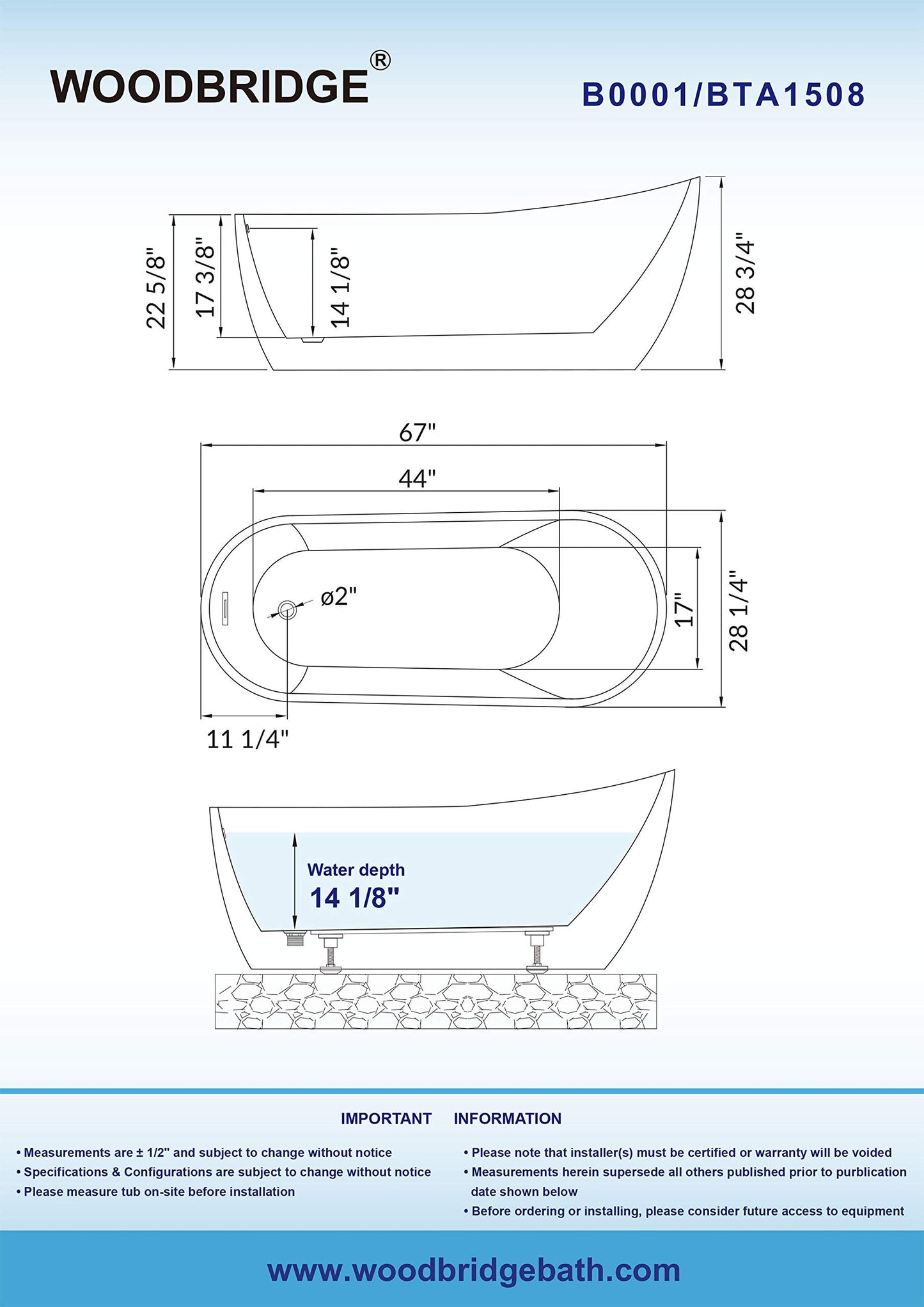 WOODBRIDGE 67" Acrylic Freestanding Bathtub Contemporary Soaking White Tub with Matte Black Overflow and Drain，B0001 -MB-Drain &O