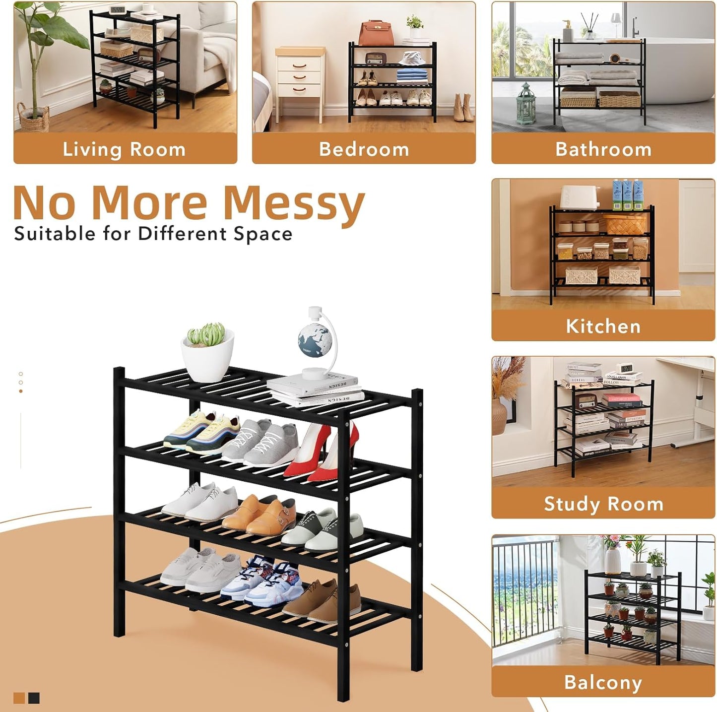 4 Closet, Bathroom27 x11 x26(Black, 4 Tier Bamboo Shoe Rack Storage Organizer for Multifunctional Stackable Free