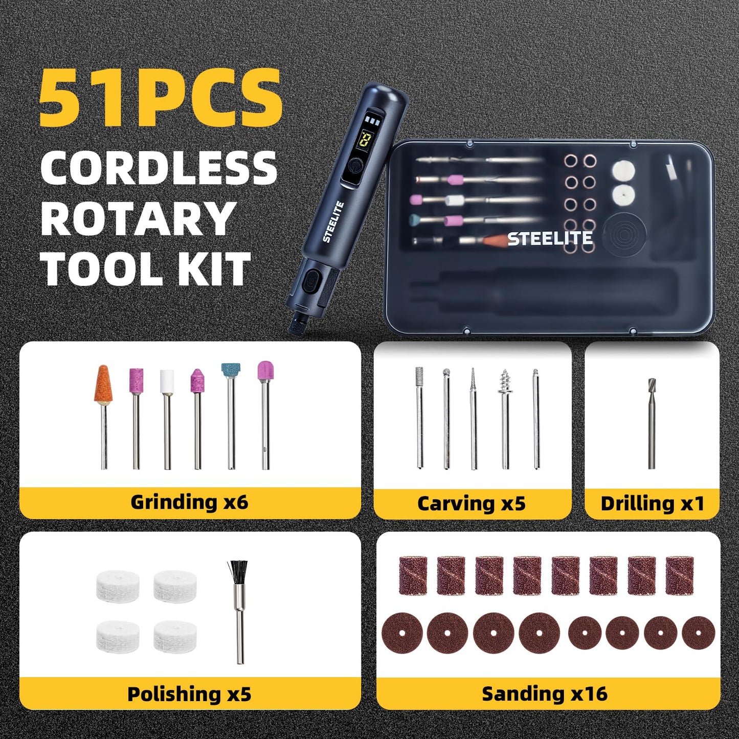 STEELITE Mini Cordless Rotary Tool, 6-Speed Rotary Tool Kit with 50 Accessories, Multi-Purpose and USB Charging 3.7V Power Rotary Tool for Engraving, Sanding, Polishing, Drilling, Etching, DIY Crafts