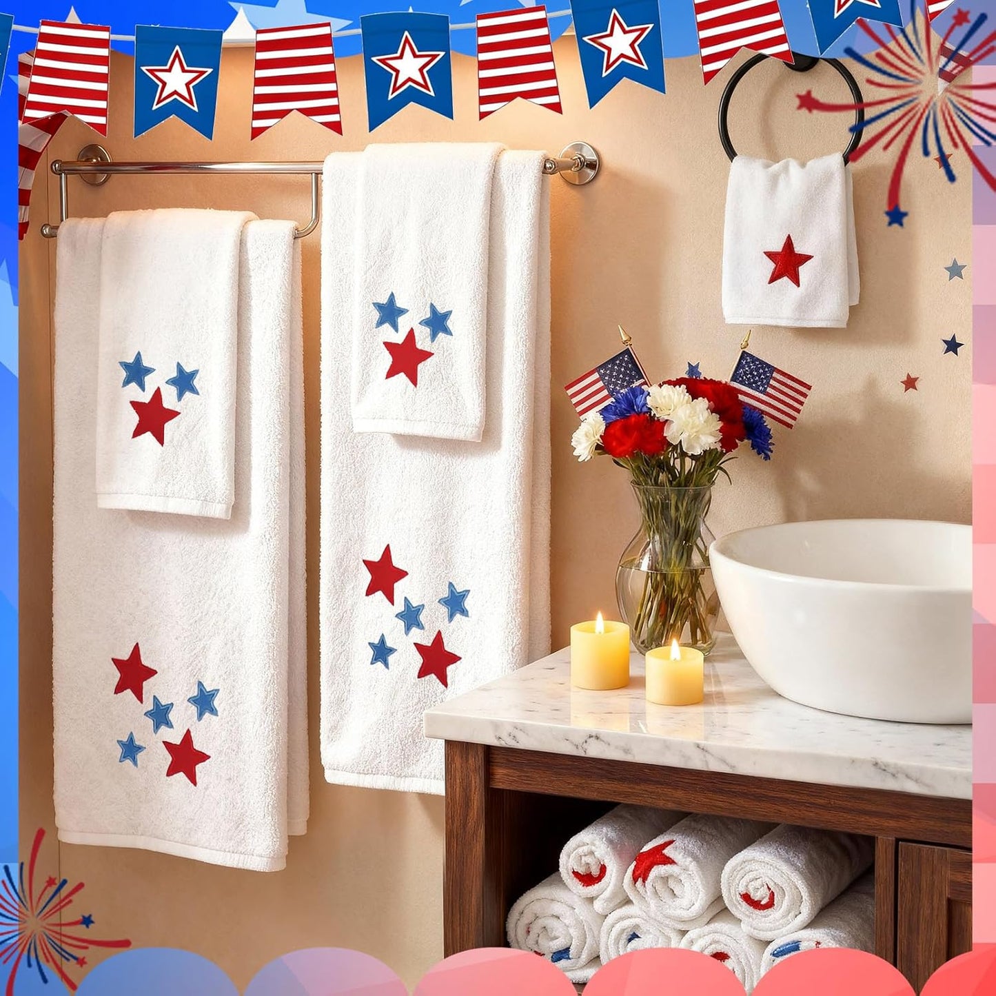 6 4th Set 250th Peryiter Pcs of July Bath Towels Anniversary Stars Embroidered Cotton Bathroom Decors Stars Hand Towels