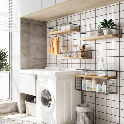 Wood Floating Shelves - Rustic Wall-Mounted 4-Tier Bathroom Shelves with Wire Basket & Towel Bar