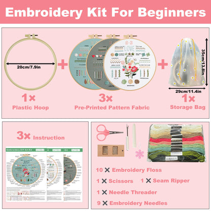 3 Sets Embroidery Starter Kit for Beginners Adults and Kids, Hand Embroidery Kits with Stamped Patterns, Floral Embroidery Stitches Kit DIY Craft Includes Hoop, Threads, Cloth, Storage Bag