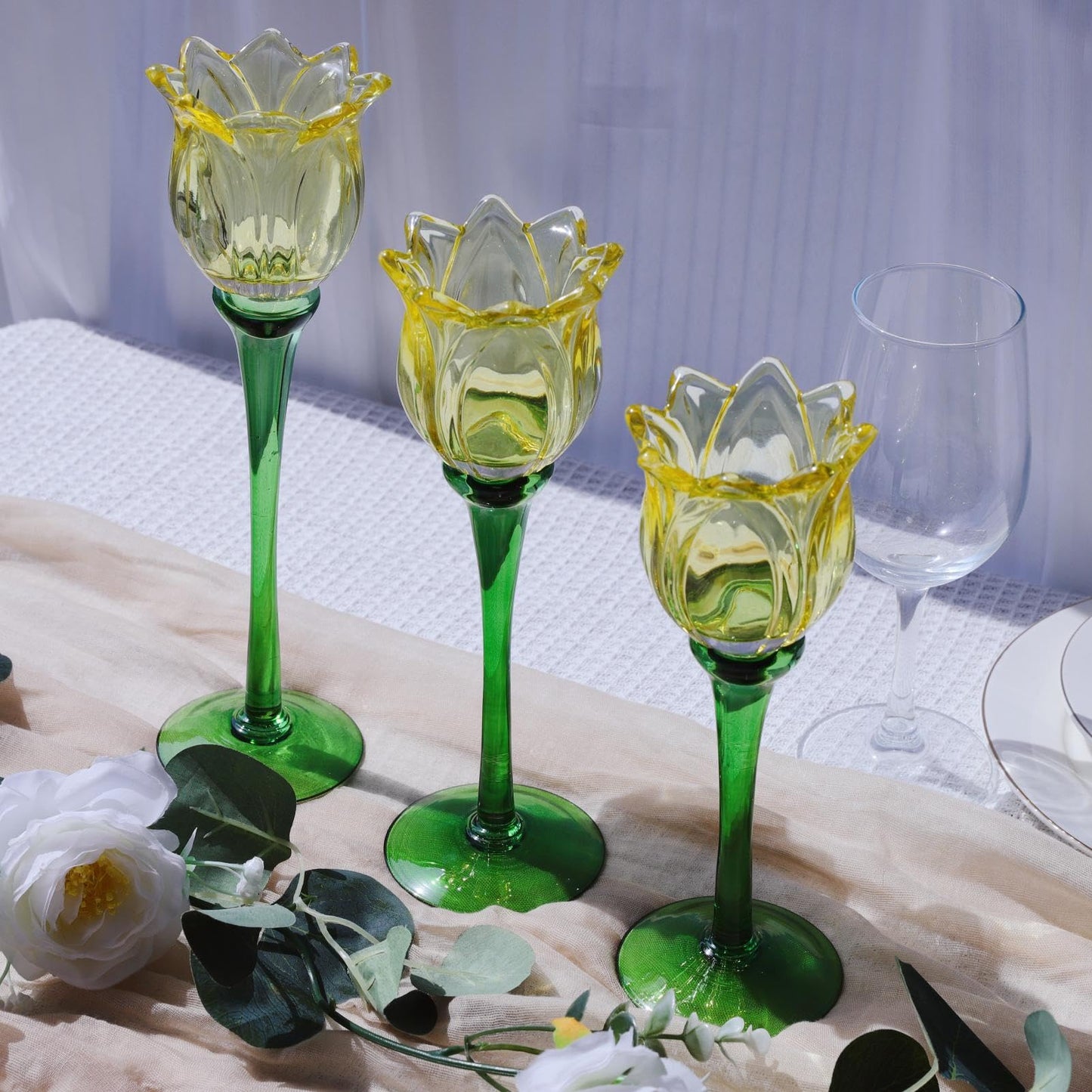 VOHO Yellow Tulips Candle Holders for Modern Home Decor, Bright Yellow Tealight Candle Holder Birthday Gifts for Women Friends, Tulip-like Tea Lights Candle Holder for Party Table Centerpiece(Set of3)