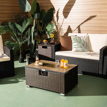 Tangkula 2 Piece Outdoor Propane Fire Pit Table Set with Hideaway Propane Tank Holder, 40,000 BTU Rattan Wicker Fire Pit Table with Lava Rocks, Waterproof Cover, Ideal for Backyard, Patio (Brown)