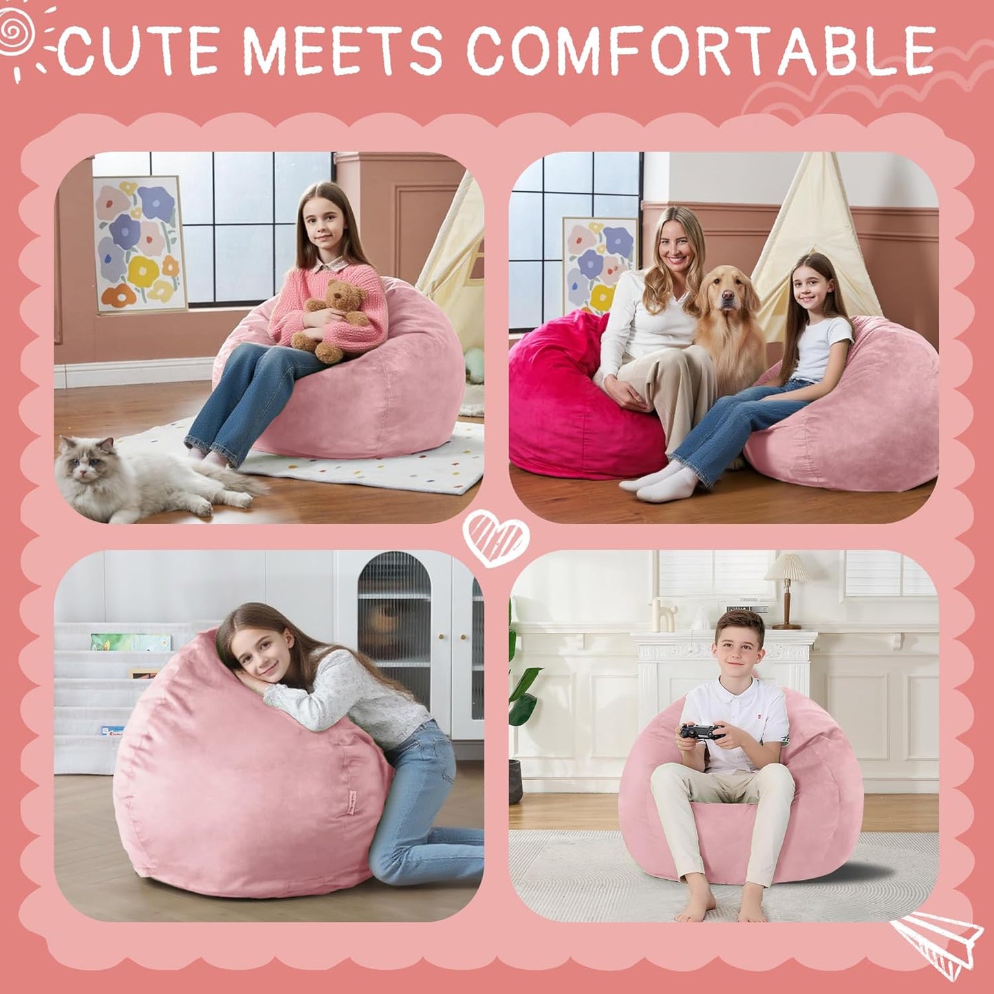 lilanoon 2FT 2' Bean Bag Chair with Ultra Soft Velvet Cover Bean Bag Sofa with Memory Foam Bean Bag Chairs with Large