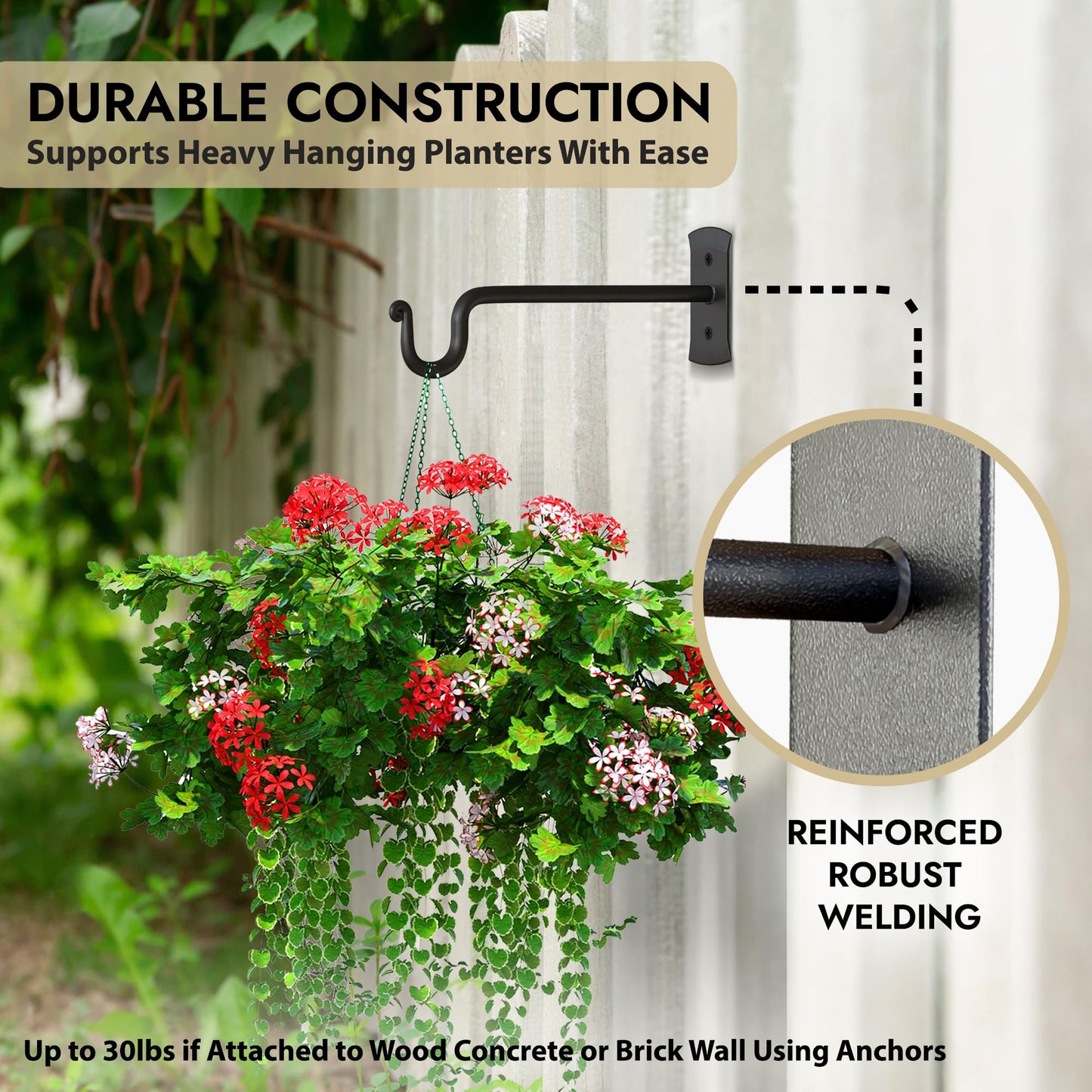 RTZEN Plant Hangers Outdoor or Indoor - Wrought Iron Metal Hanger Indoor Hook - Heavy Duty Wall Bracket Hooks for Hanging Plants Baskets Lanterns Wind Chimes - 2 Pack (Black Shepherds Hooks)