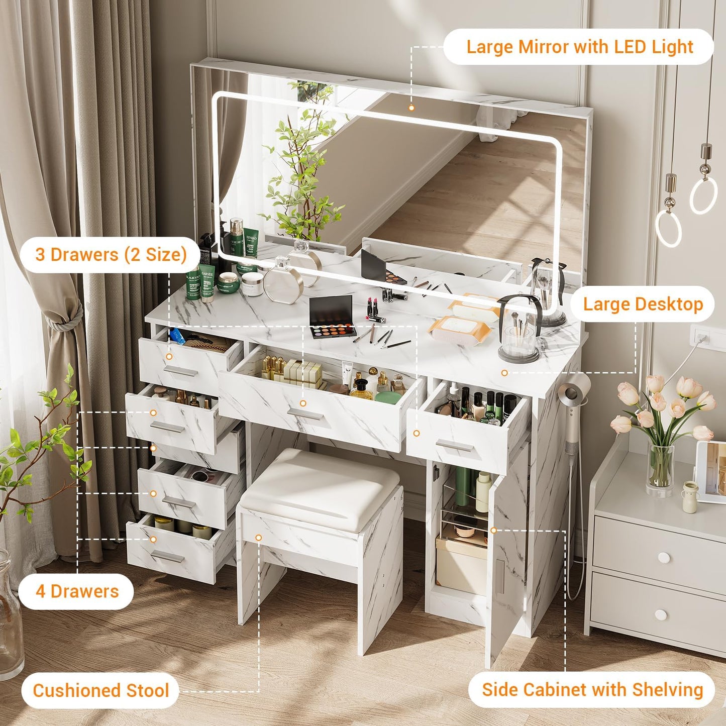 IDEALHOUSE Modern Vanity Desk with Large LED Mirror – 7 Drawers, Power Outlets, USB Ports, Hair Dryer Holder, 3-Mode Lighting, Stool, Cabinet – Marble White