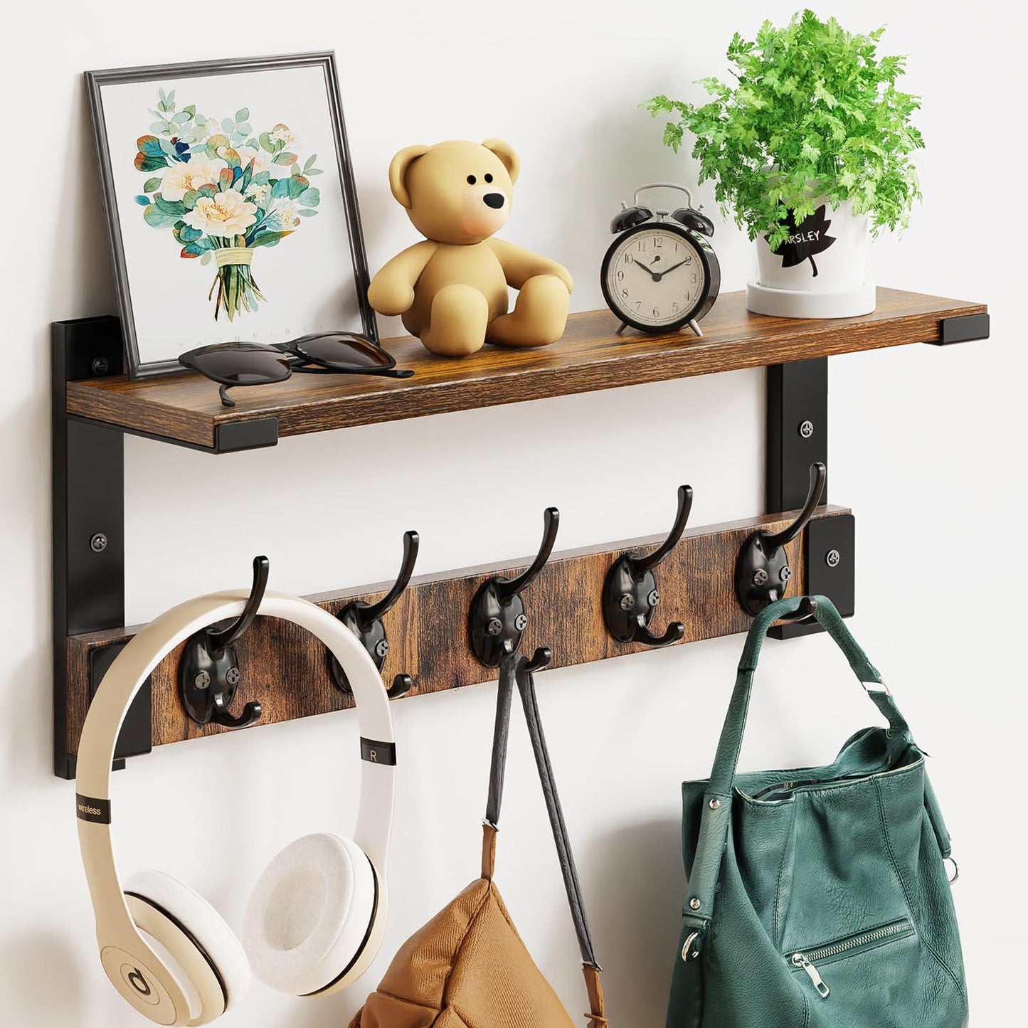 Oraich Wall Hooks with Shelf, Coat Rack Wall Mount for Coat Backpack Key Clothes Hanger, Wall Floating Shelf Hanging in Entryway, Living Room, Bathroom, Bedroom, Kitchen