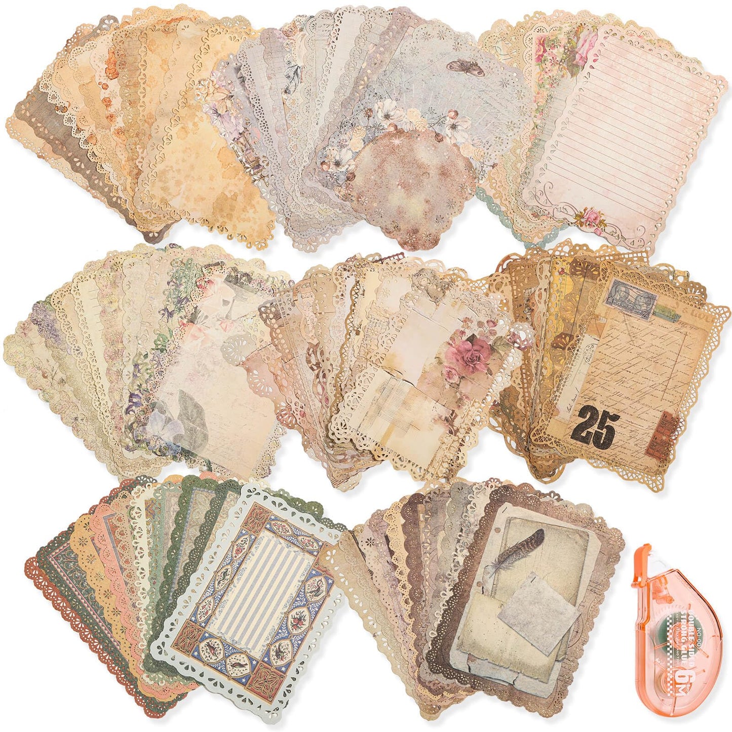 Flasoo Vintage Scrapbook Supplies, 80 Sheets Lace Edged Scrapbook Stationery Paper with Double Sided Tape Roller for Junk Journal Making, Decoupage and Card Crafts, 4.9x6.9 Inches