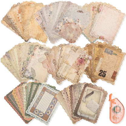 Flasoo Vintage Scrapbook Supplies, 80 Sheets Lace Edged Scrapbook Stationery Paper with Double Sided Tape Roller for Junk Journal Making, Decoupage and Card Crafts, 4.9x6.9 Inches