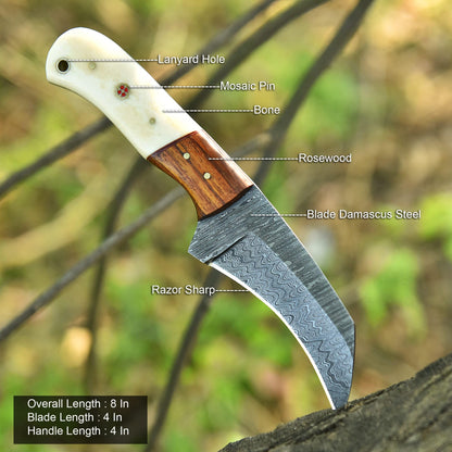 Trade Scorpio Handmade Damascus Lineman Hawkbill knife, Skinnning Knives, With Leather Sheath, Fixed Blade Knife, electrician knife with Bone Handle (Bone)