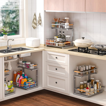 Liuoud Under Sink Organizer 2 Pack, 2 Tier Slide Out Large Capacity Height Adjustable Under Sink Organizers and Storage for Kitchen Bathroom Cabinet, Grey