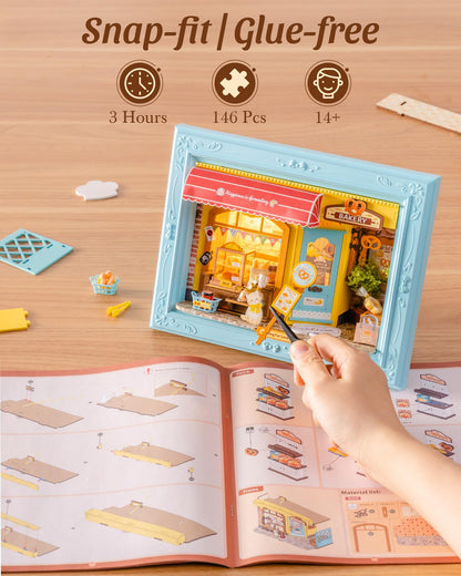 ROBOTIME 3D Puzzle DIY Miniature House Kit for Adults, a Fluffy Cat Bakery-Themed Wooden Dollhouse with Photo Frame, Tiny Building Set Model for Family Crafting & Holiday Decorative Gifts