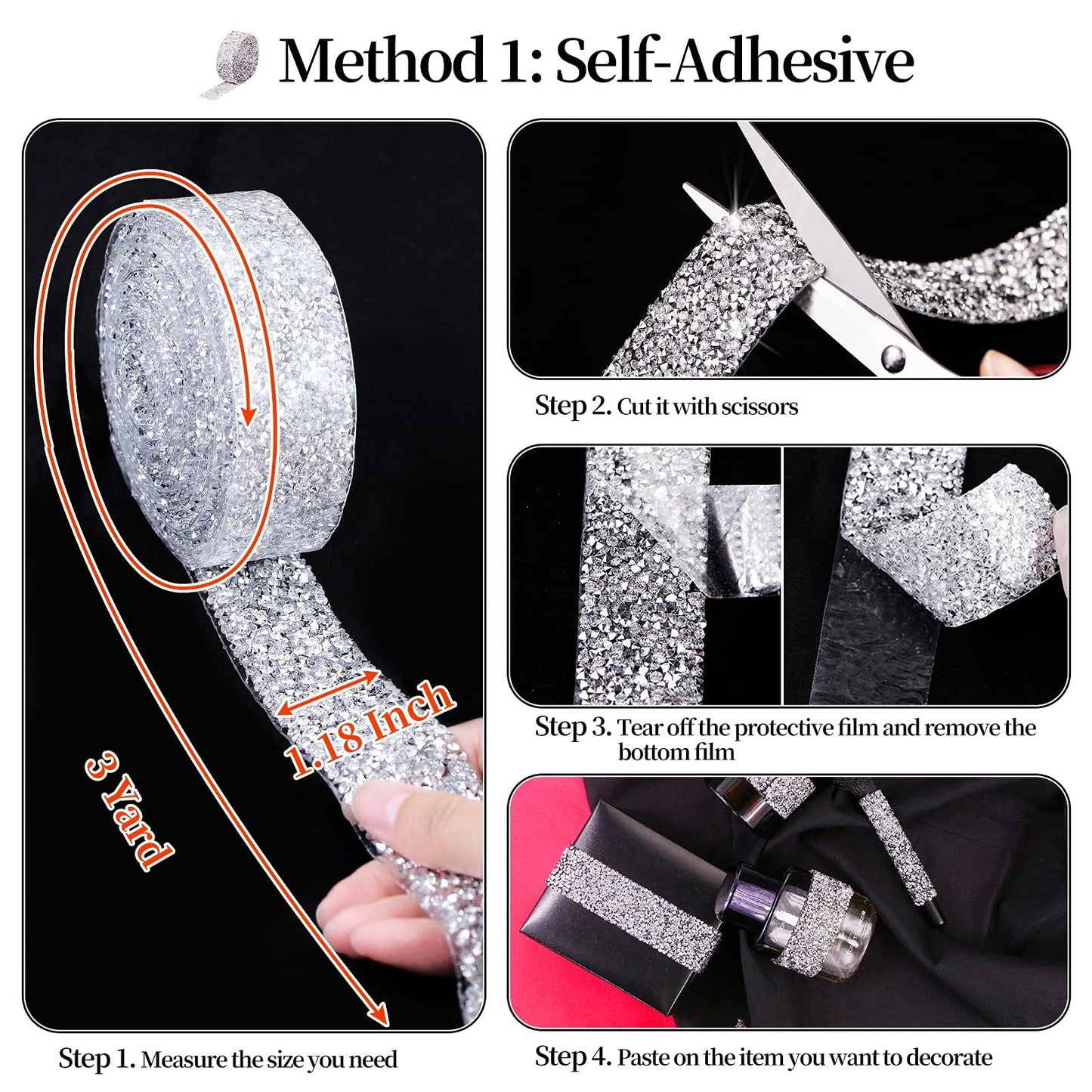 Locacrystal Bling Crystal Rhinestone Ribbon Self-Adhesive Iron on Resin Diamond Ribbon Wrap Roll DIY Bling Stickers for Wedding Clothing Cars Crafts Dress Decoration（Silver,1.18inch x 3yard）