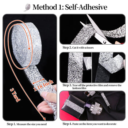 Locacrystal Bling Crystal Rhinestone Ribbon Self-Adhesive Iron on Resin Diamond Ribbon Wrap Roll DIY Bling Stickers for Wedding Clothing Cars Crafts Dress Decoration（Silver,1.18inch x 3yard）