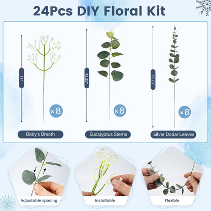 Der Rose 24Pcs Mixed Eucalyptus Stems&Babys Breath Artificial Flowers Bulk, Fake Flowers DIY Kit with Silver Dollar Leaves, Artificial Greenery Stems for Home Table Centerpieces Wedding Bouquets Decor