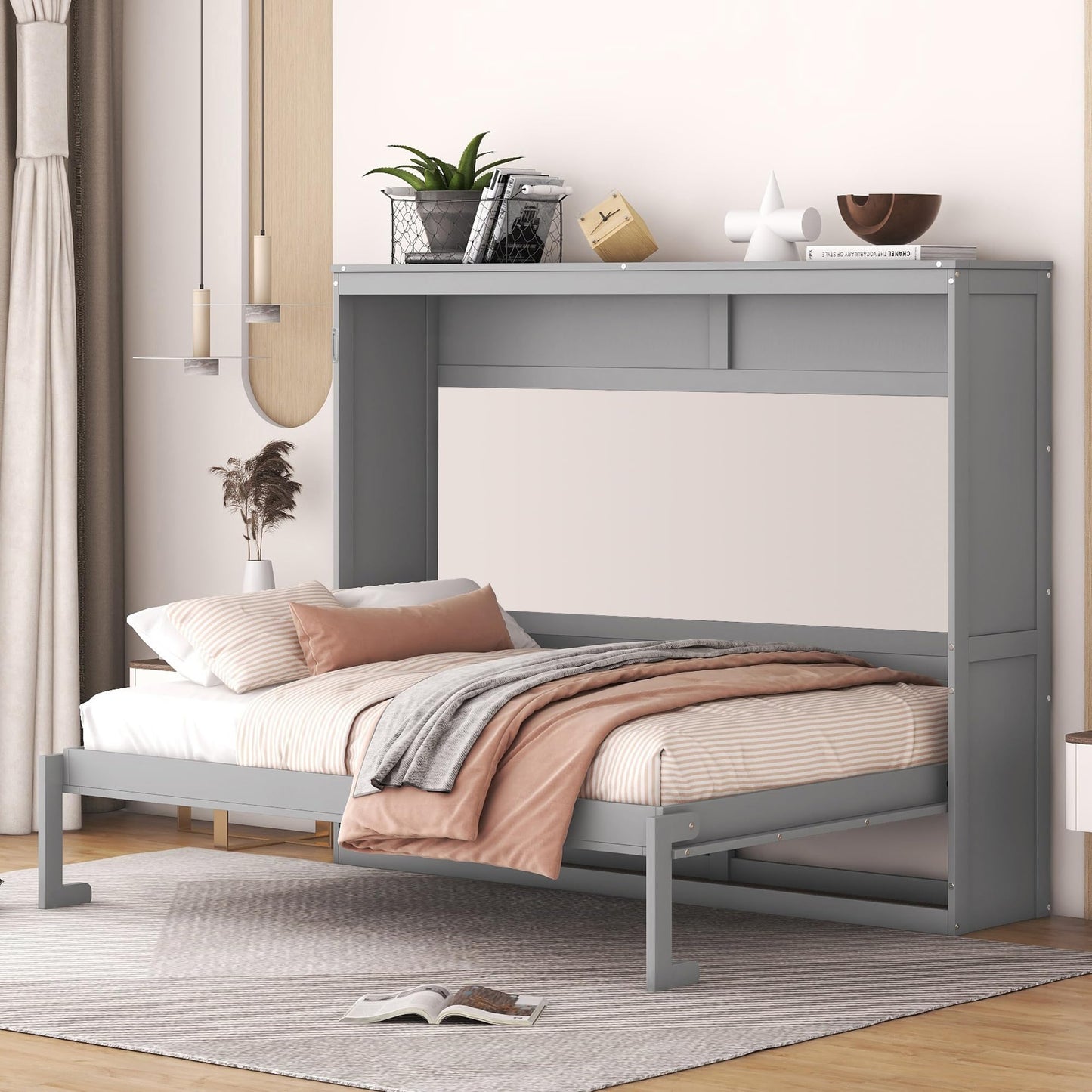 Merax Modern Murphy Cabinet Bed, Solid Wood Wall Platform Bed/No Box Spring Needed/Easy Assemble/Full,Gray