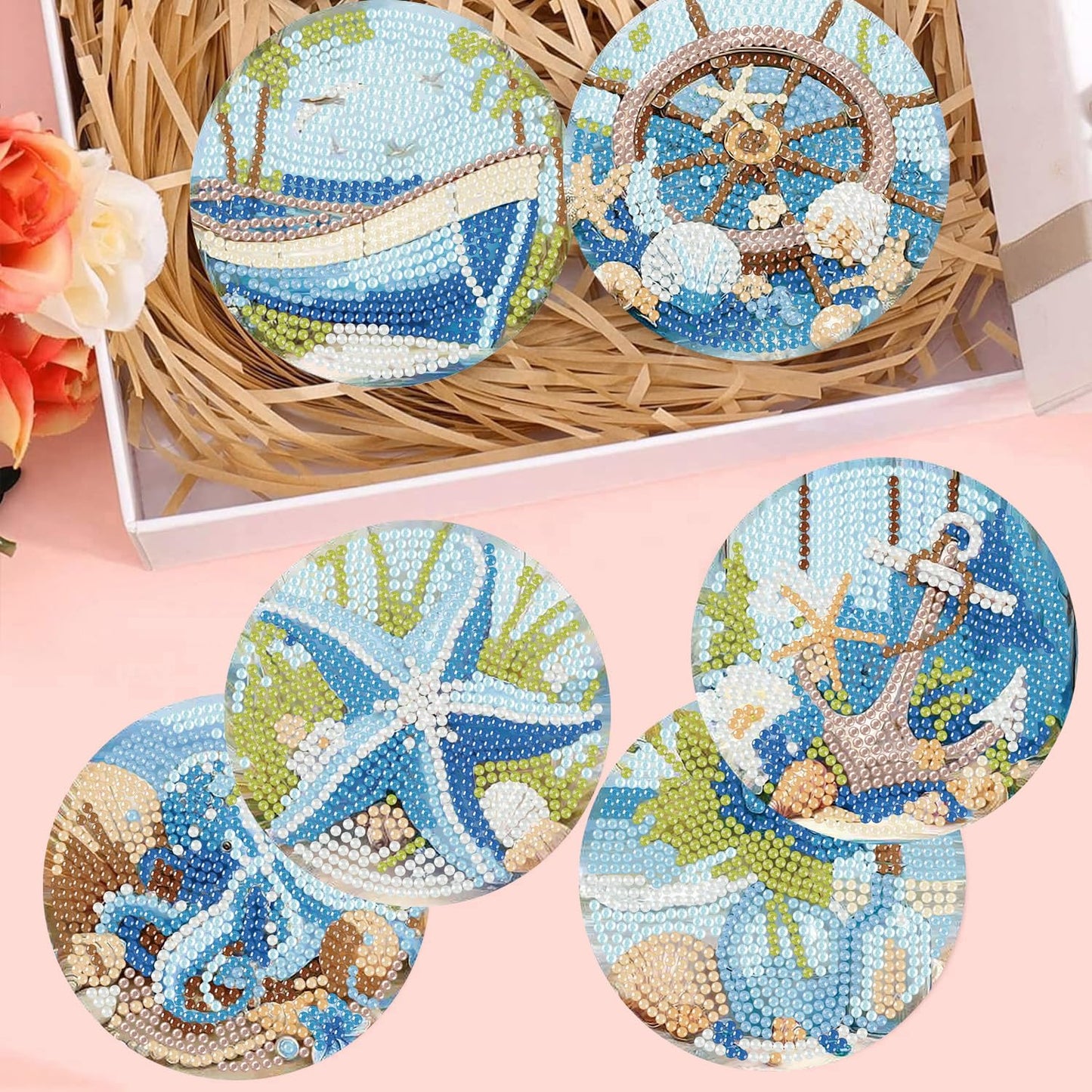 croshom Ocean Diamond Art Coasters Kits, 8 Pieces Ocean Diamond Painting Coasters with Holder, Diamonds Art Painting Kits for Adults, 5D DIY Wooden Coaster for Gift