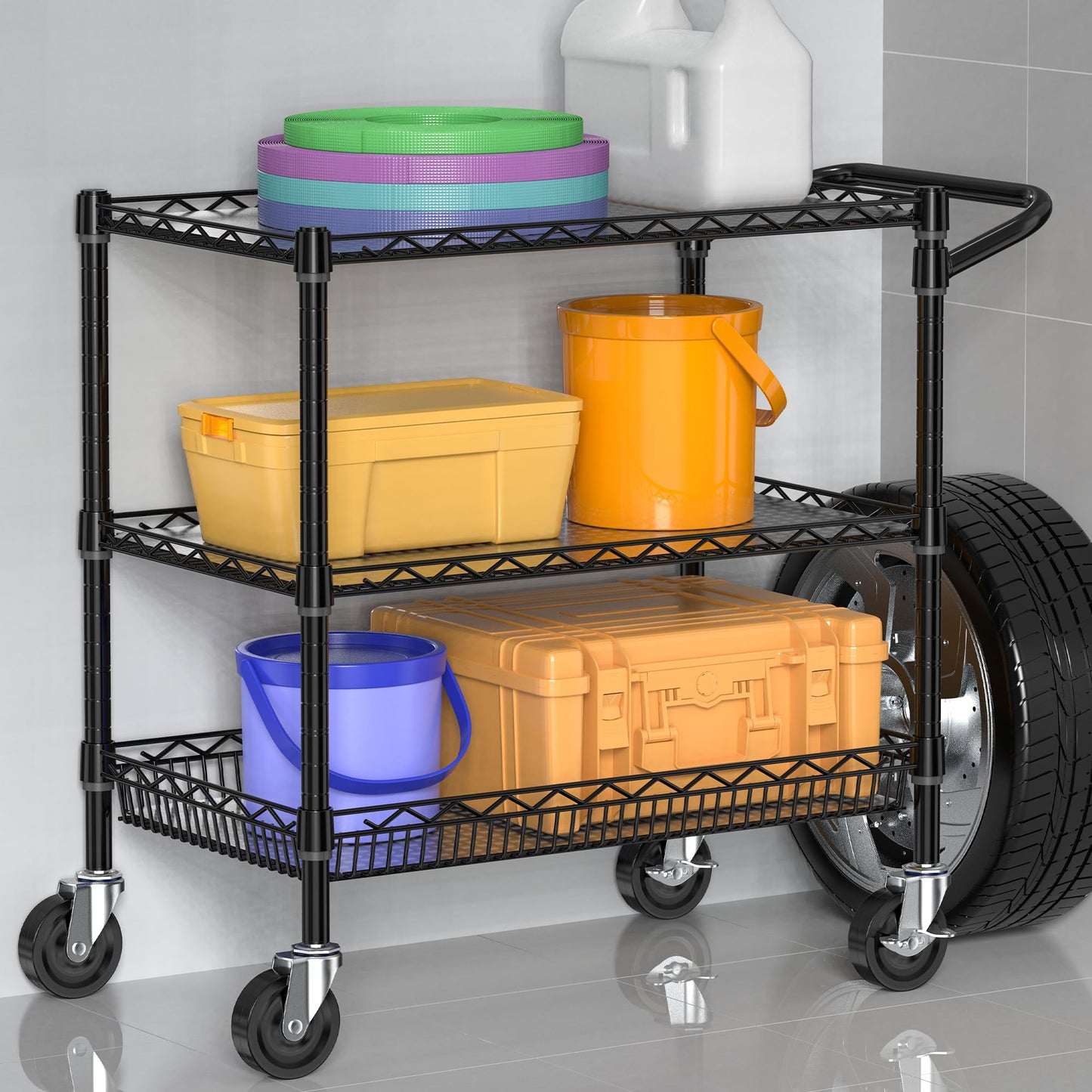 Folews Heavy Duty Rolling Cart with Wheels, 3 Tier Commercial Grade Utility Cart, Metal Storage Organizer Trolley with Handle Bar & Shelf Liner for Pantry, Laundry Room & Household Supplies, Black