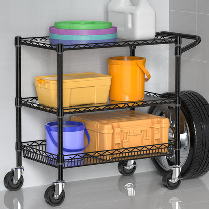 Folews Heavy Duty Rolling Cart with Wheels, 3 Tier Commercial Grade Utility Cart, Metal Storage Organizer Trolley with Handle Bar & Shelf Liner for Pantry, Laundry Room & Household Supplies, Black