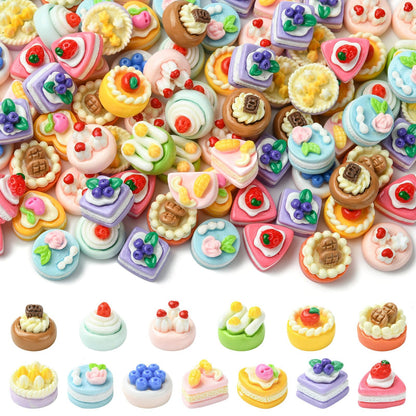LiQunSweet 100 pcs Mixed Styles Miniature Figurines Imitation Cake Resin Ornament Mini Dessert Food No Hole Beads Display for DIY Jewelry Embellishment Craft Home Office Desk Decor