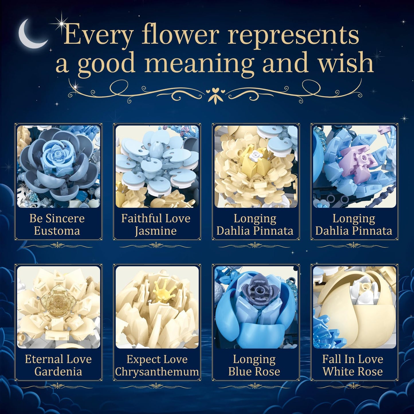 Sahteg 934PCS Blue Moon Flower Building Blocks Kit for Adults, Crescent Moon Botanical Art Display, Artificial Flowers Building Set for Home Décor Wall Art Decoration