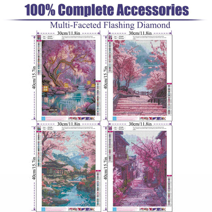 4 Pack Diamond Art Kits for Adults,Sakura Landscape Diamond Painting Kits for Adults Beginner,5D DIY Round Full Drill Gem Crystal Art,Adults Paint by Diamonds Dots for Home Wall Decor 12x16 inch