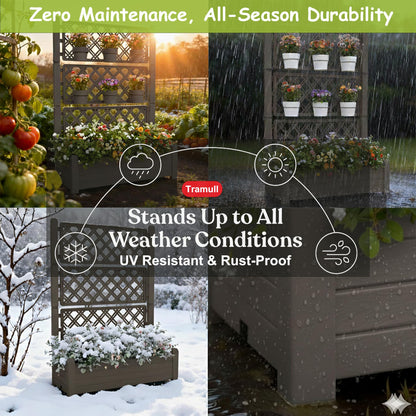 Tramull 5.' Tall Raised Garden Bed with Trellis, Self Watering Planter Box for Outdoor Climbing Plants Resin Garden Lattice for Vegetables, Flowers, Tomato & Vine with Drainage Holes (Coffee, 2 Pack)