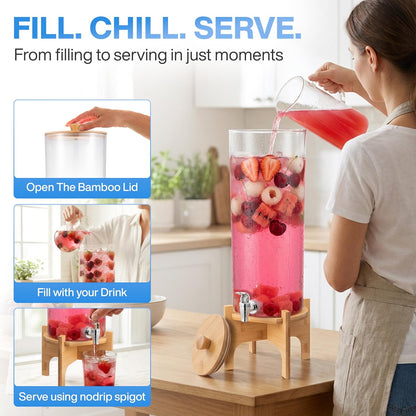 GRAXON (2.5 Counter Drink Dispenser with Bamboo Stand & Spigot Gallon) Large Plastic Beverage Dispenser for Parties