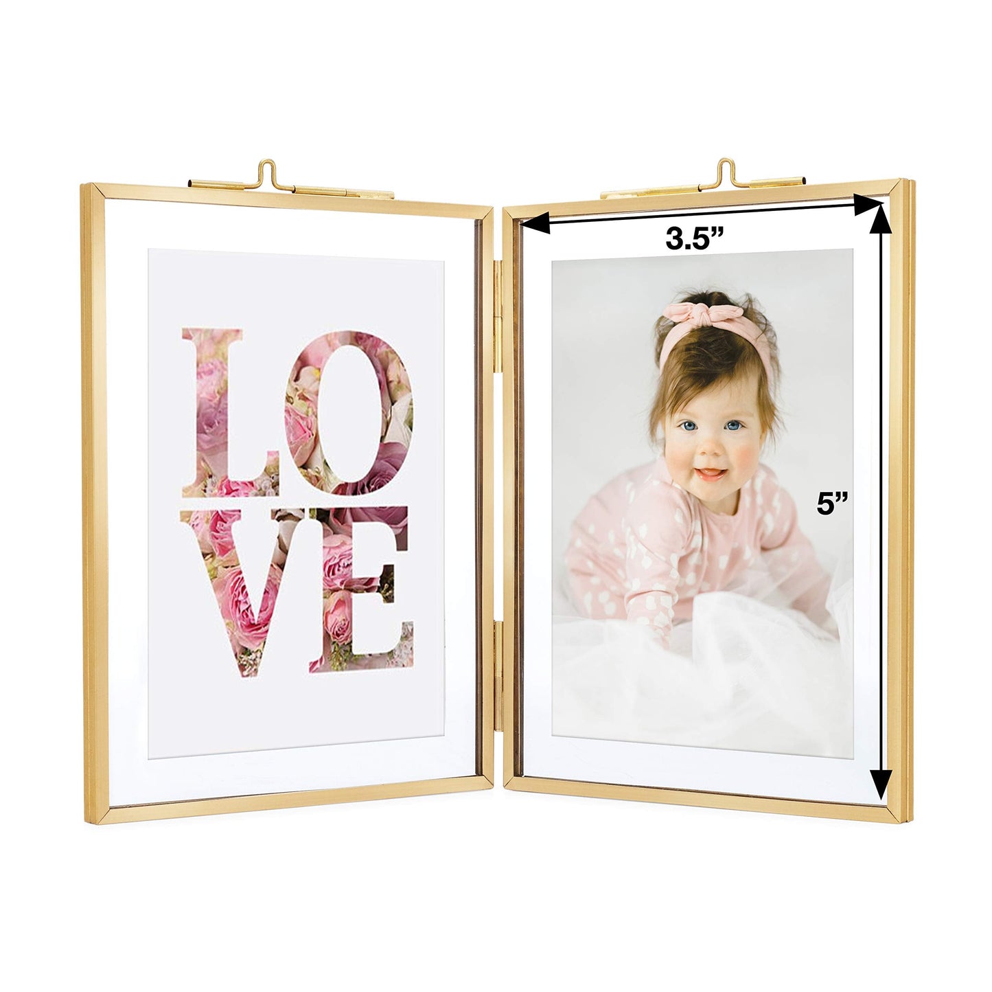 Rising Star Brass Frame, Double 3.5x5 Folding Picture Frames, Gold Metal Pressed Glass Photo Frame