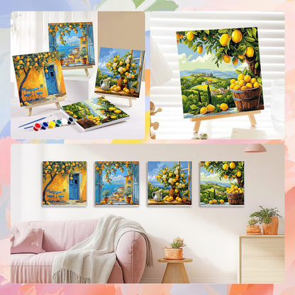 HEIBAGO 4 Pack Framed Paint by Numbers Kit for Adults Beginner, Adult Paint by Number Kits Lemon Tree, DIY Paint by Numbers for Adults,Small Easy Acrylic Oil Painting for Wall Decor 8x8 Inch